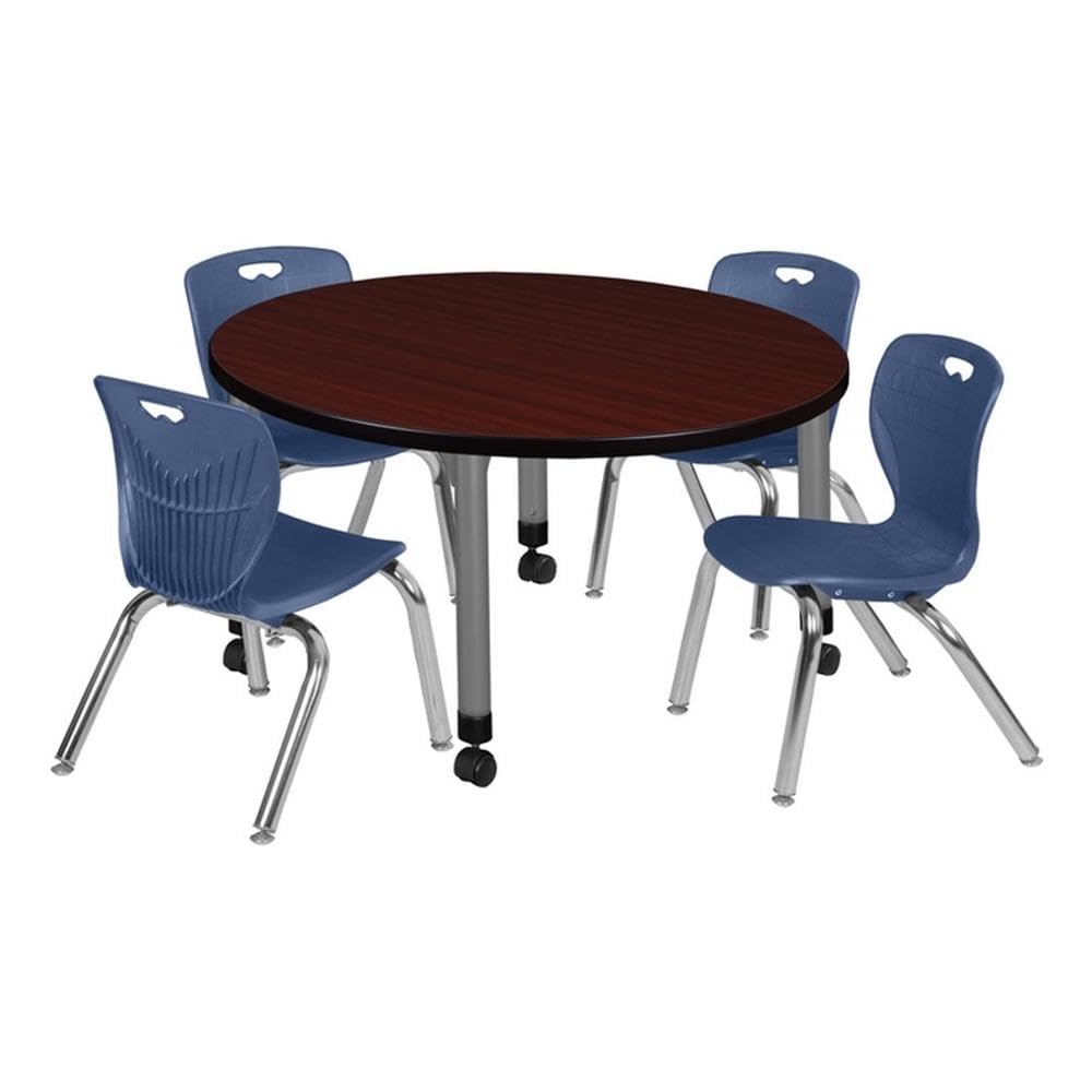 36" Round Mobile Mahogany Table with 4 Navy Blue Stack Chairs W50010