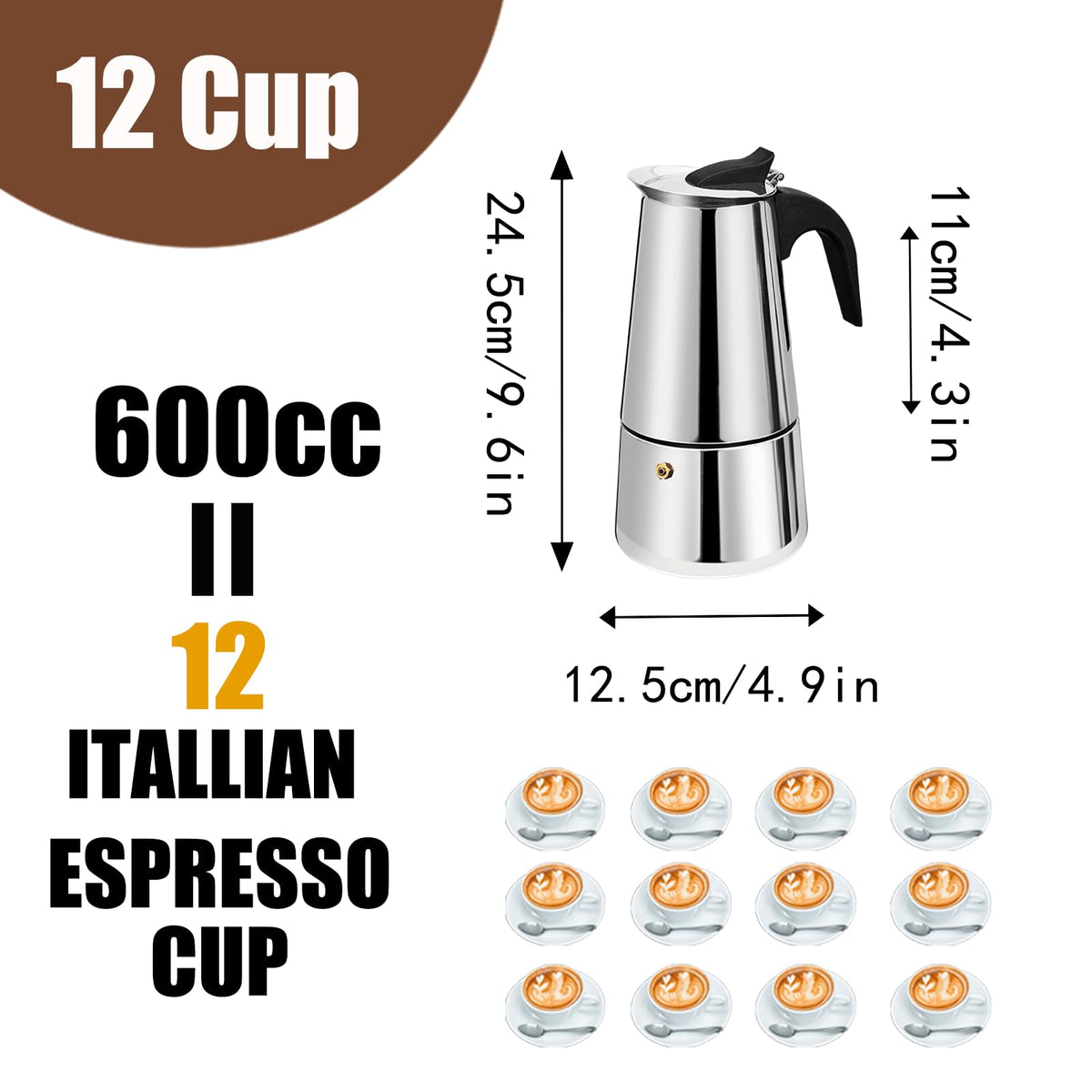 12 Cup Stainless Steel Stovetop Espresso Moka Pot 600ml M5301
