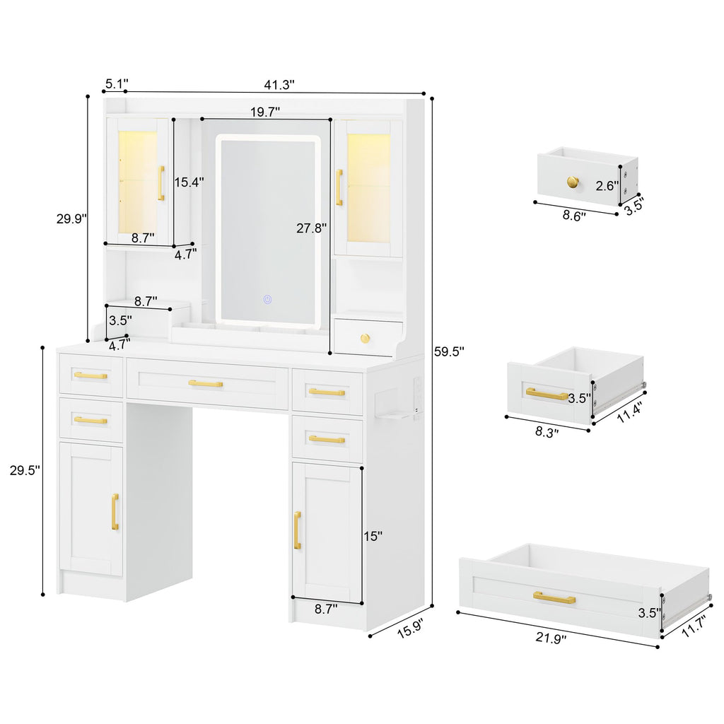 White Vanity Desk with Mirror, LED Lights and Power Outlet F112