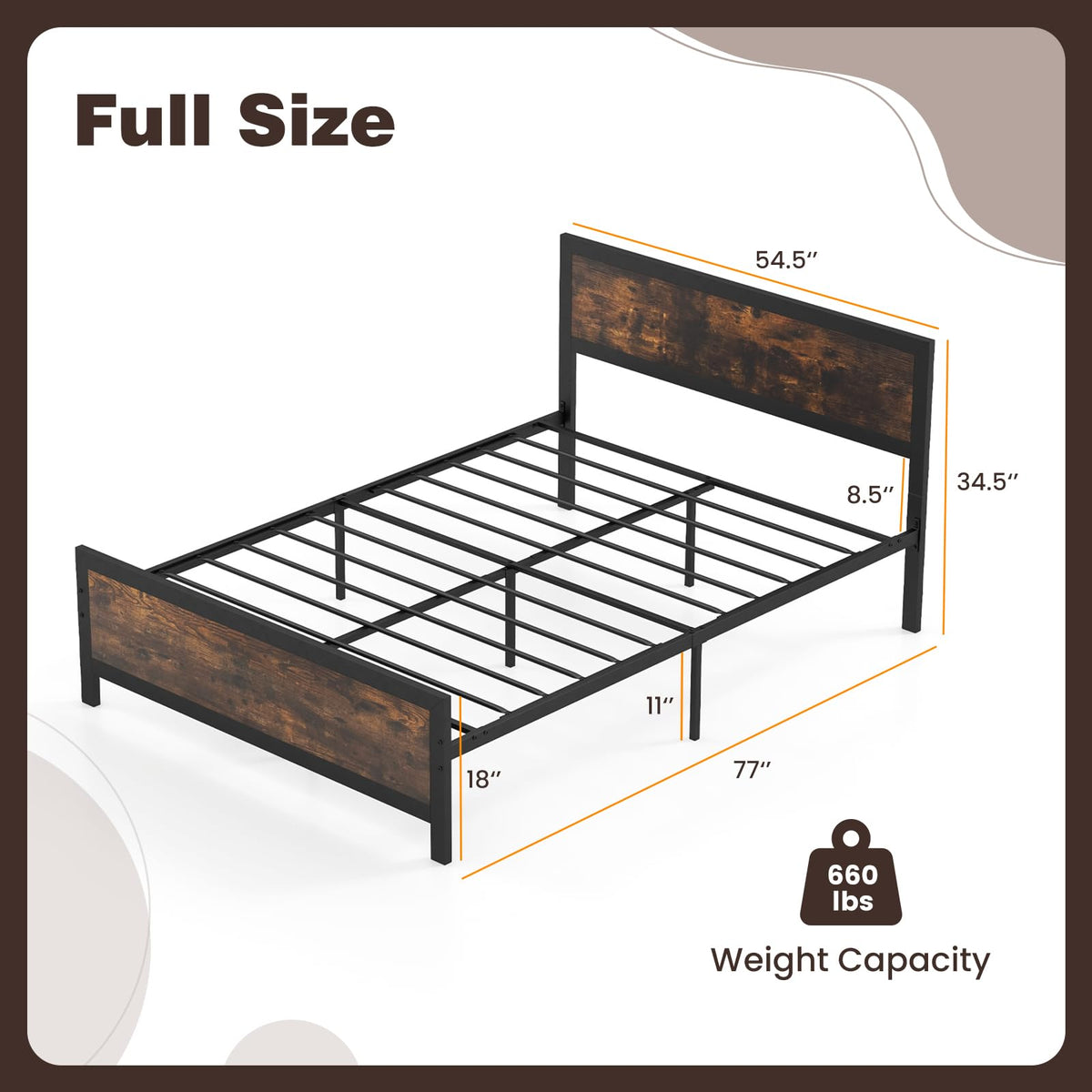 Metal Full Size Platform Bed Frame with Wood Headboard and Footboard K80863