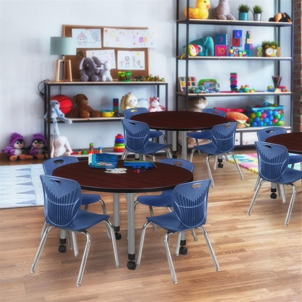 36" Round Mobile Mahogany Table with 4 Navy Blue Stack Chairs W50010
