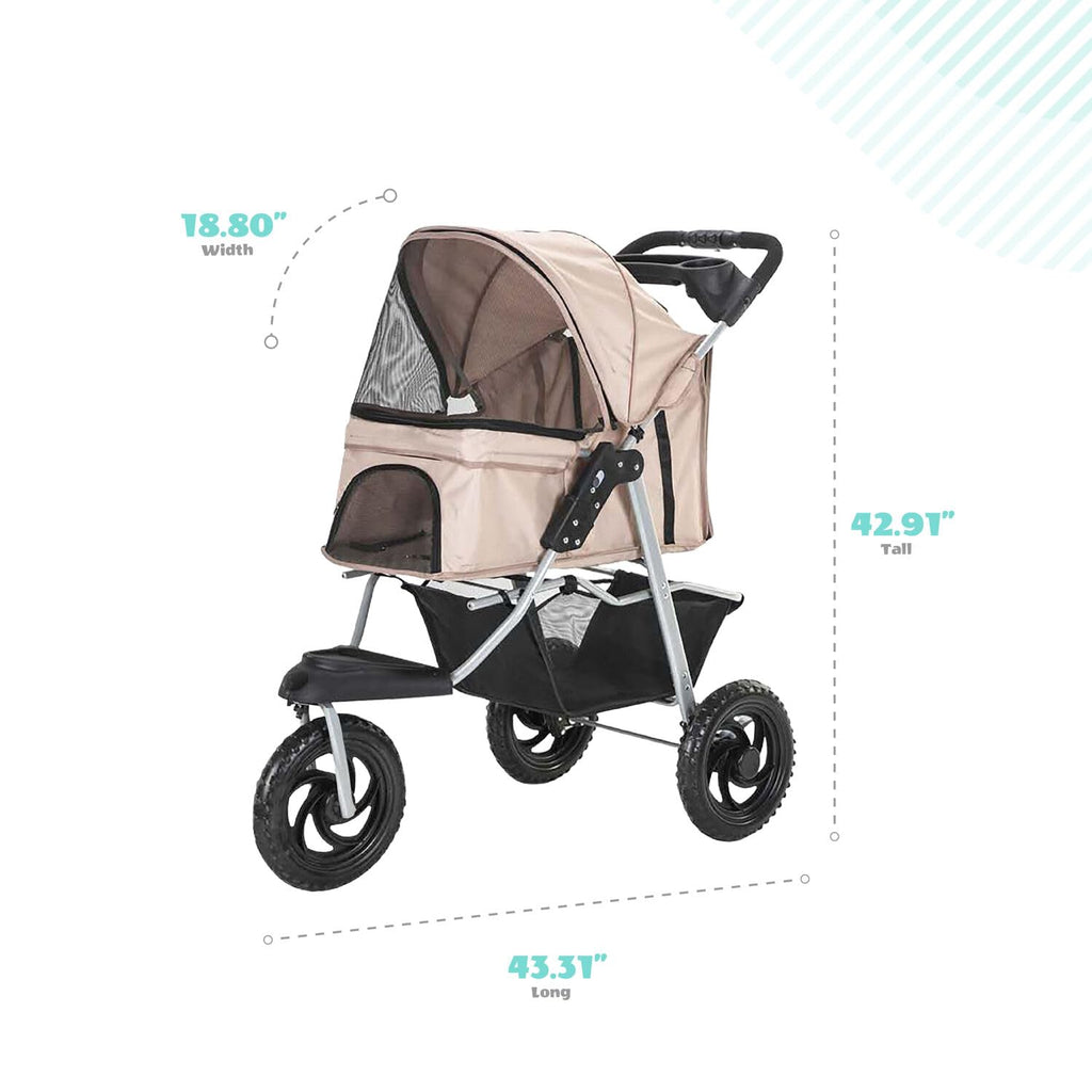 3-Wheel Dog Stroller with Storage Basket and Cup Holders, Tan P664695