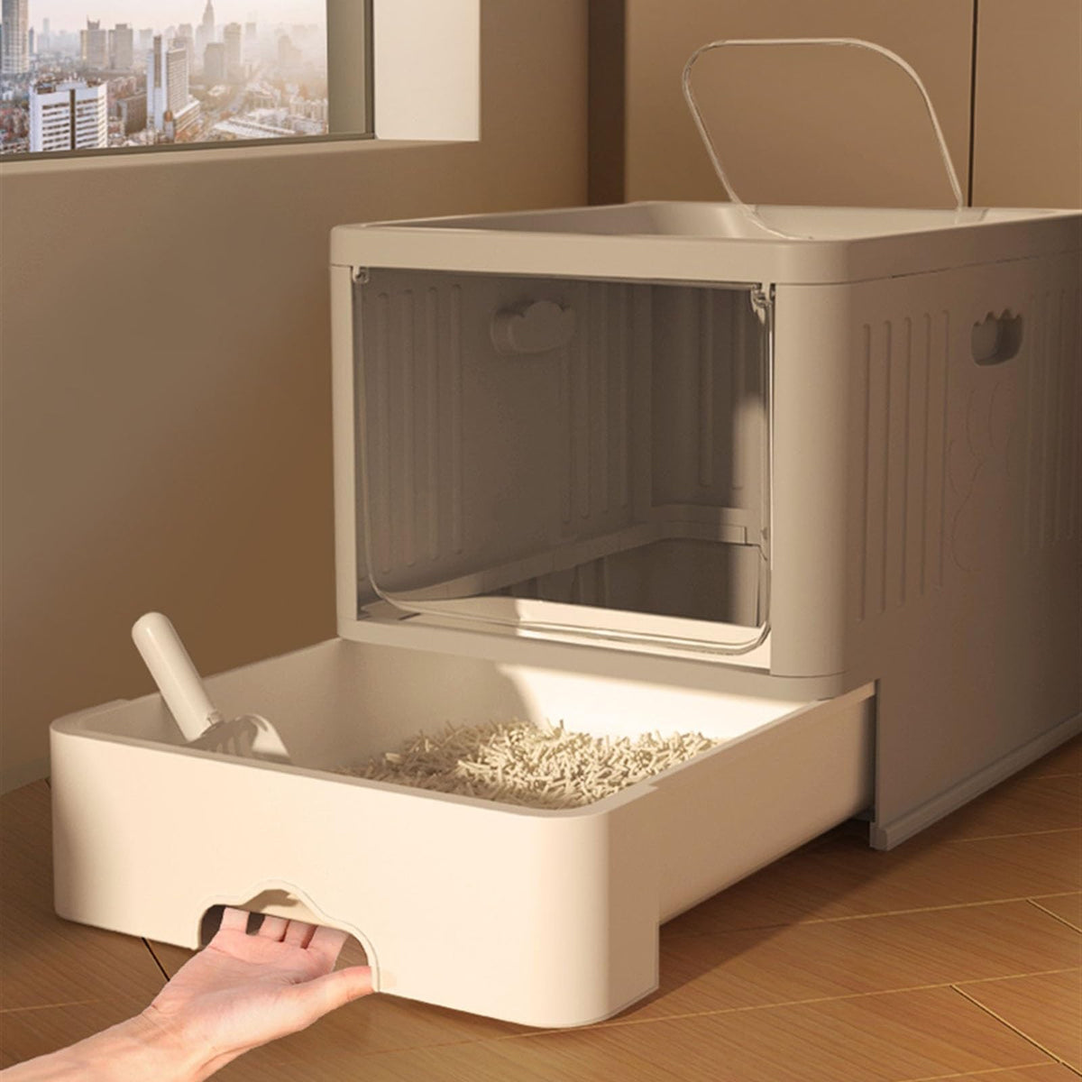 Cat Litter Box with Scoop, Large Top Entry Anti-Splashing with Lid C380