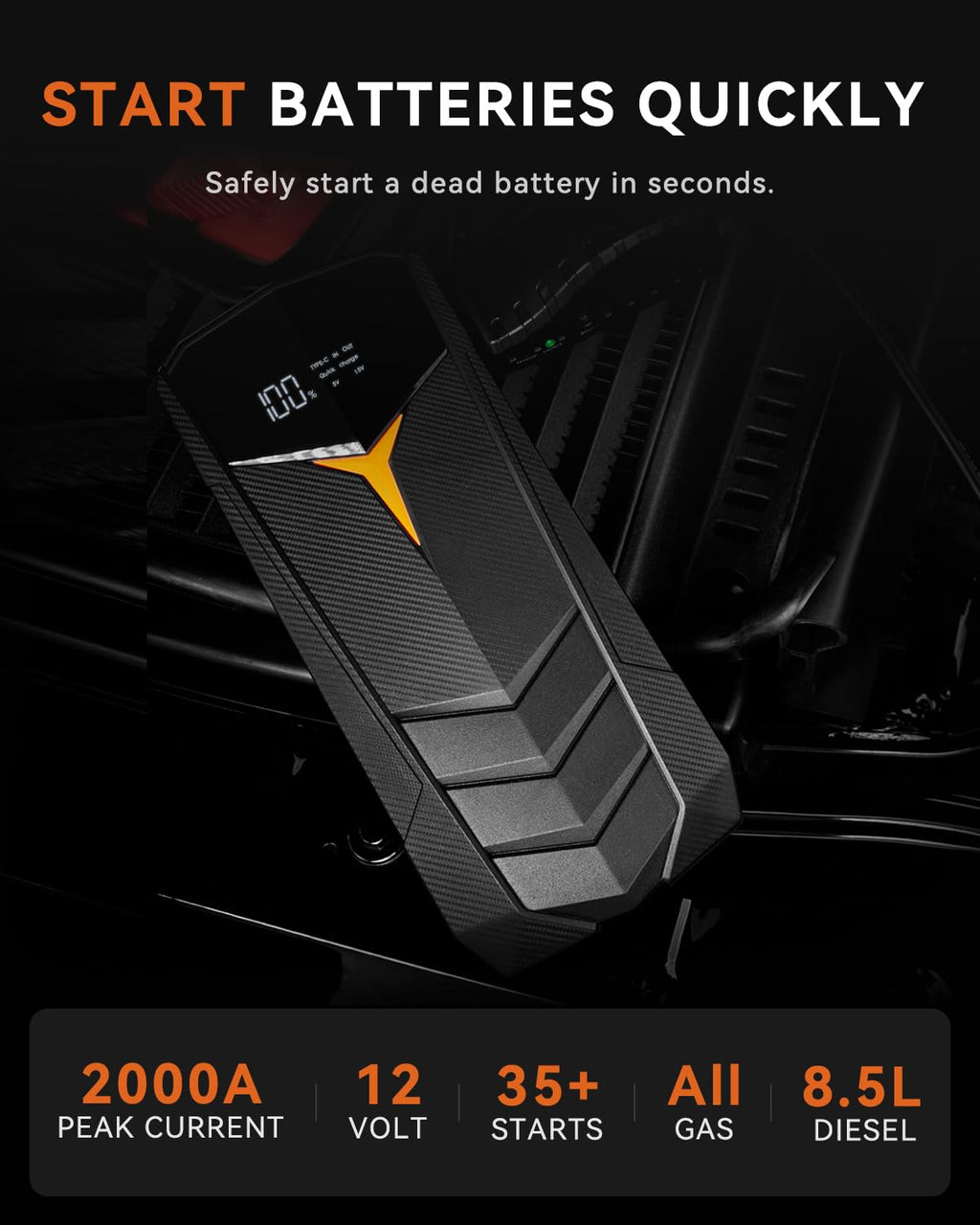 2000A Peak 20000mAh 12V Lithium Jump Starter Battery Pack with LCD Screen and LED Light B84050
