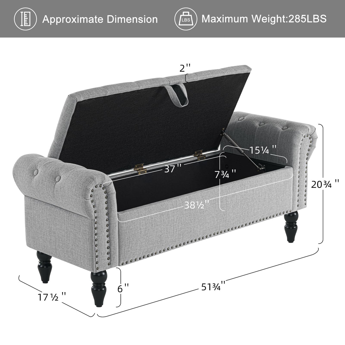 Grey Linen Upholstered Storage Bench with Wood Legs S102