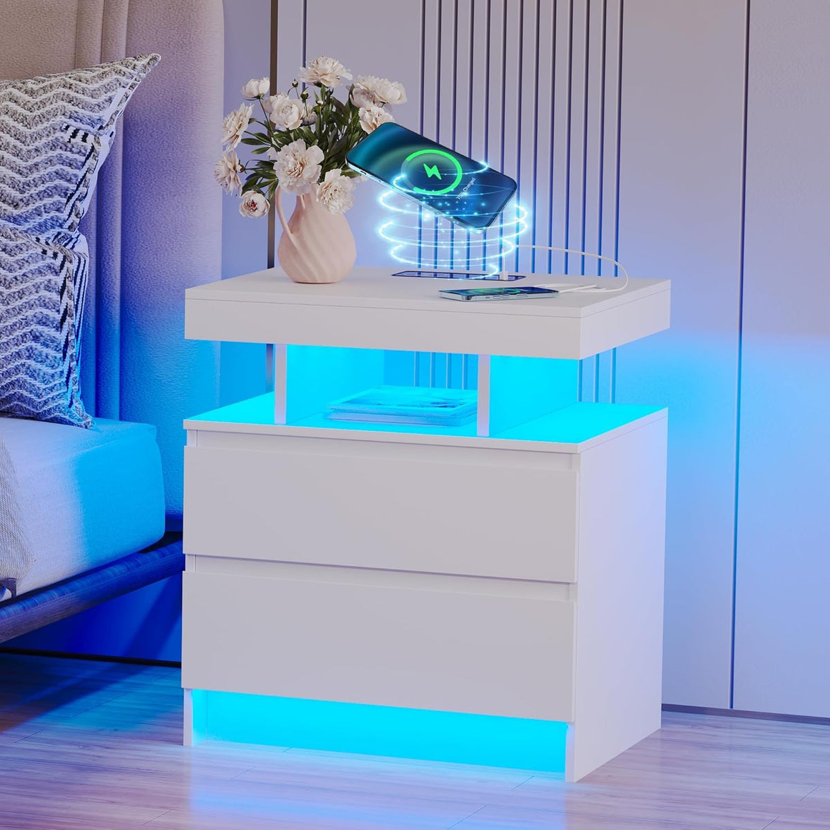 LED Nightstand with Charging Station White X2454