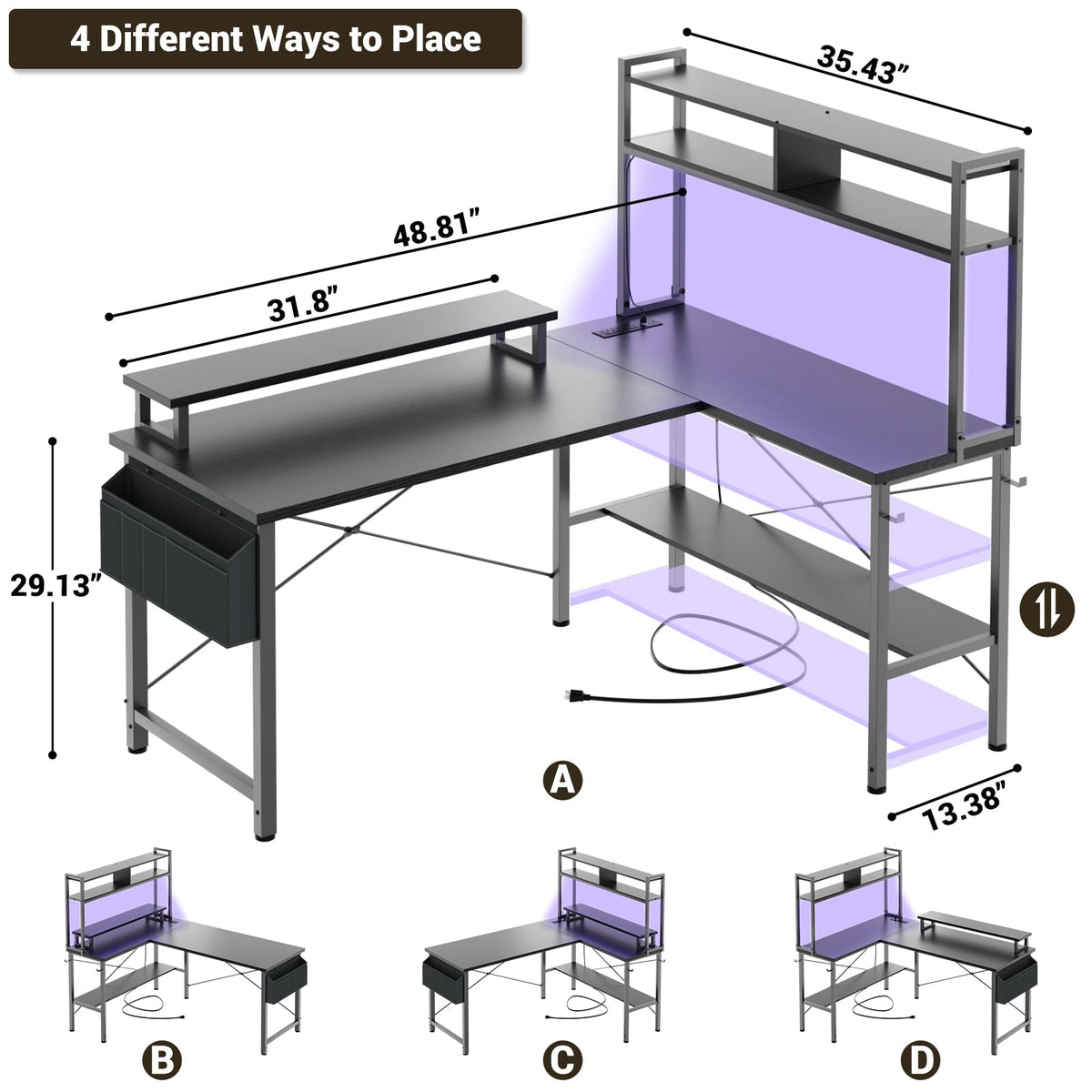 L Shaped Gaming Desk with Power Outlets & LED Lights, Black A220