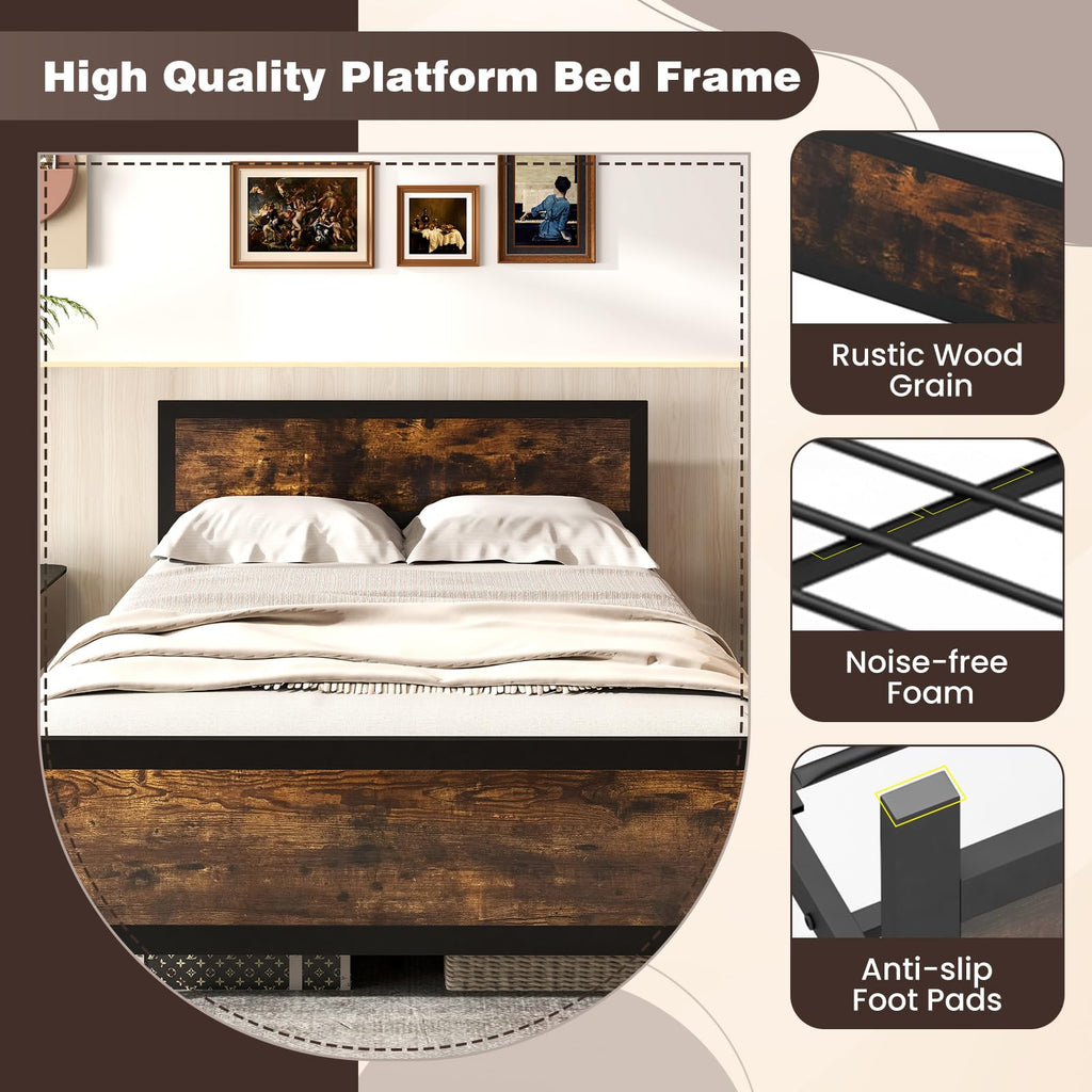 Metal Full Size Platform Bed Frame with Wood Headboard and Footboard K80863
