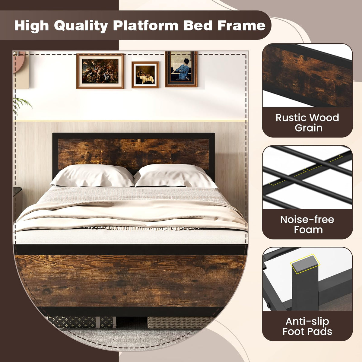 Metal Full Size Platform Bed Frame with Wood Headboard and Footboard K80863