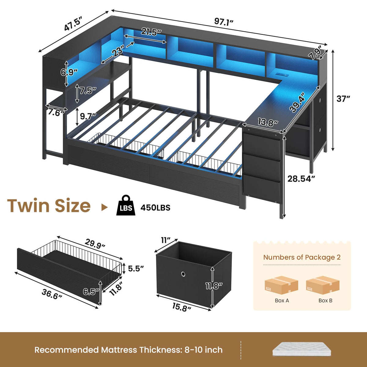 Black Twin Size Corner Bed Frame with Desk and Storage A2346