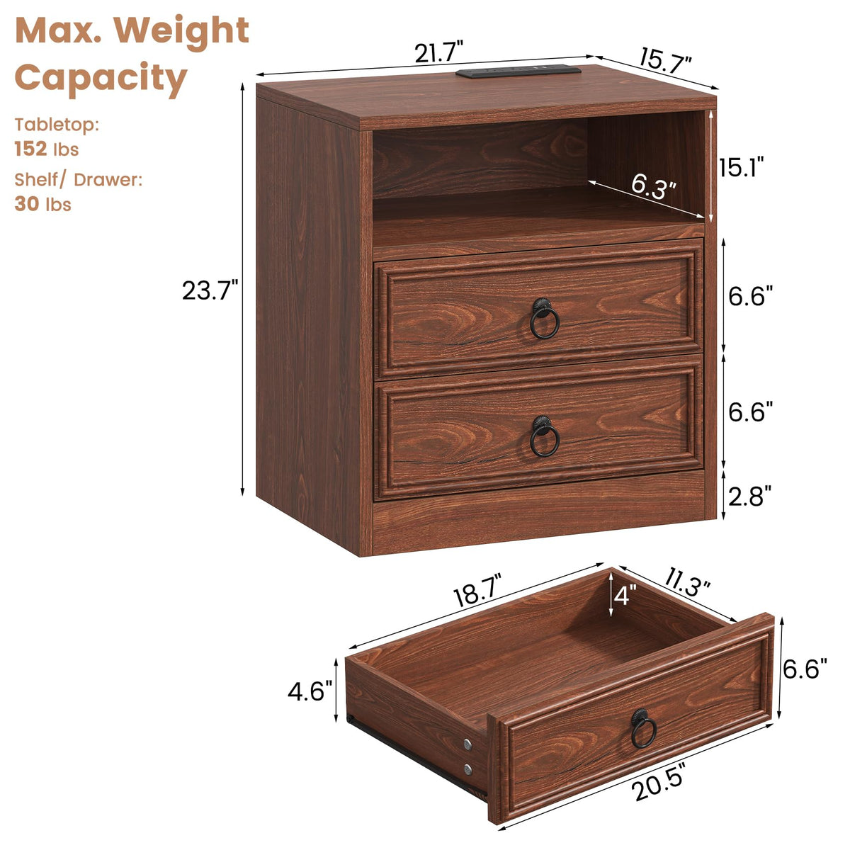 21.7" Wide Cherry Wood Nightstand with 2 Drawers J8797