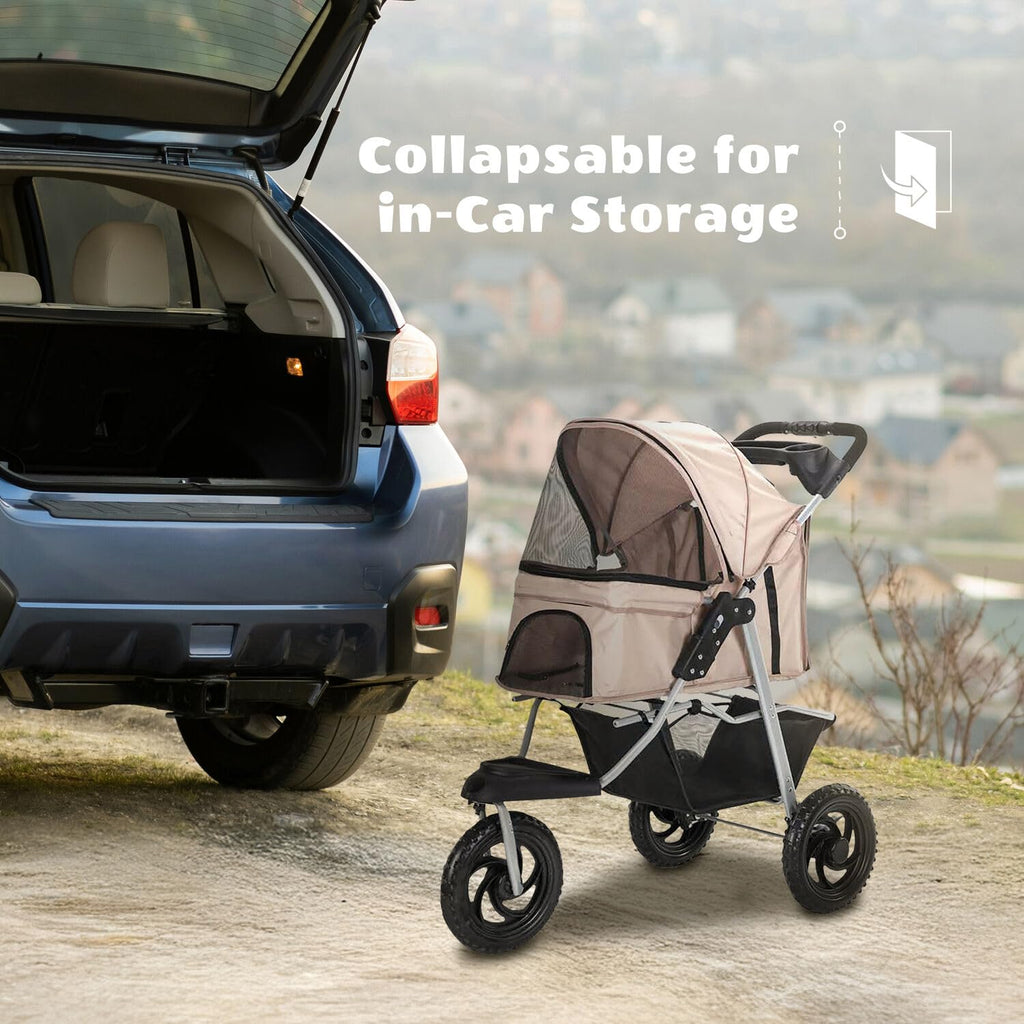 3-Wheel Dog Stroller with Storage Basket and Cup Holders, Tan P664695
