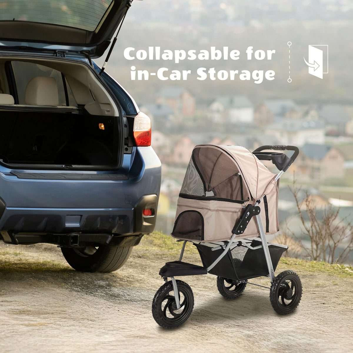 3-Wheel Dog Stroller with Storage Basket and Cup Holders, Tan P664695