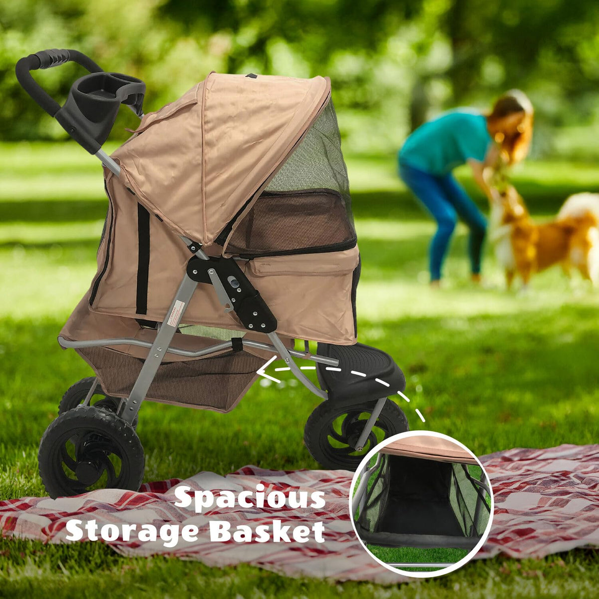 3-Wheel Dog Stroller with Storage Basket and Cup Holders, Tan P664695
