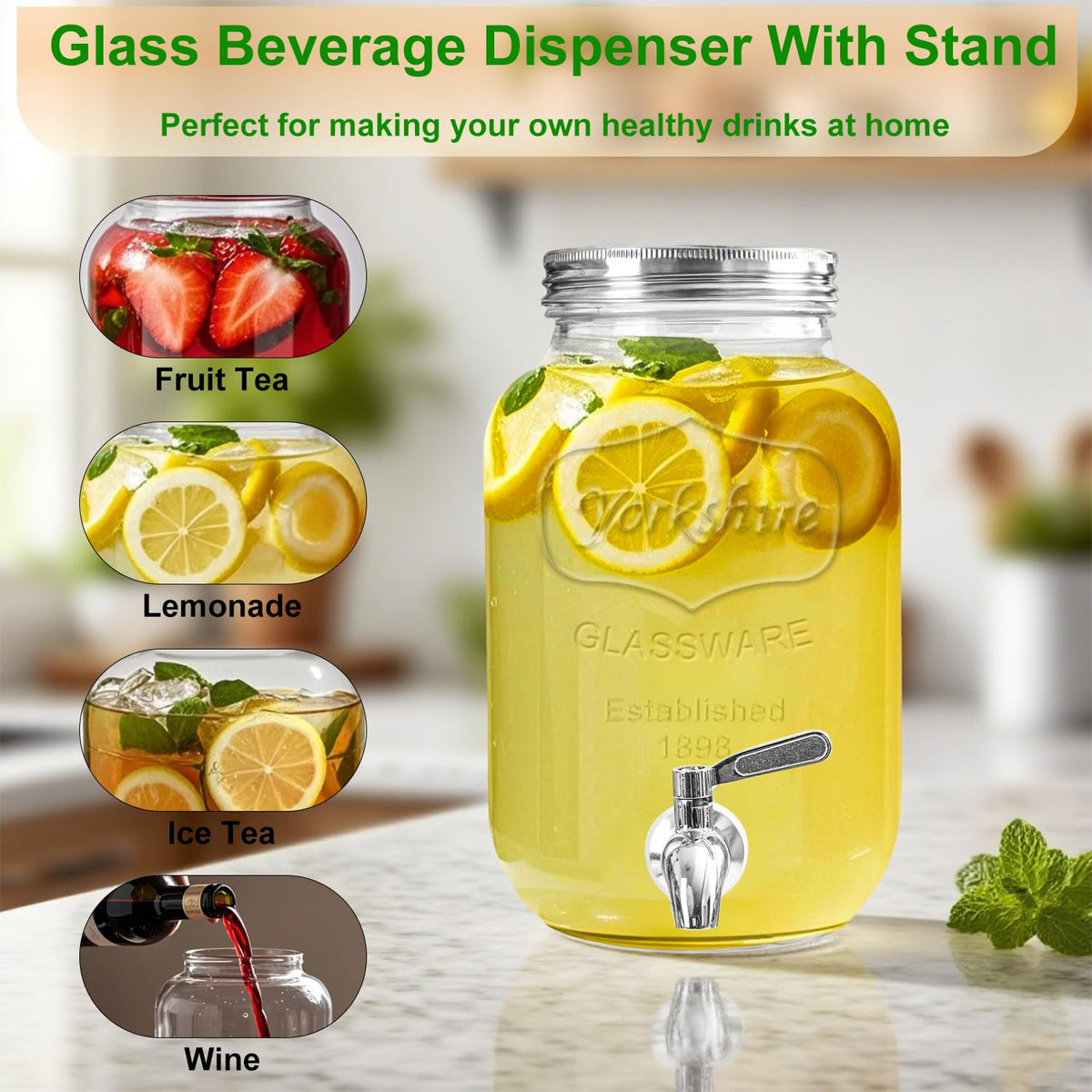 1 Gallon Glass Drink Dispenser with Stand and Spigot, 2 Pack G34280
