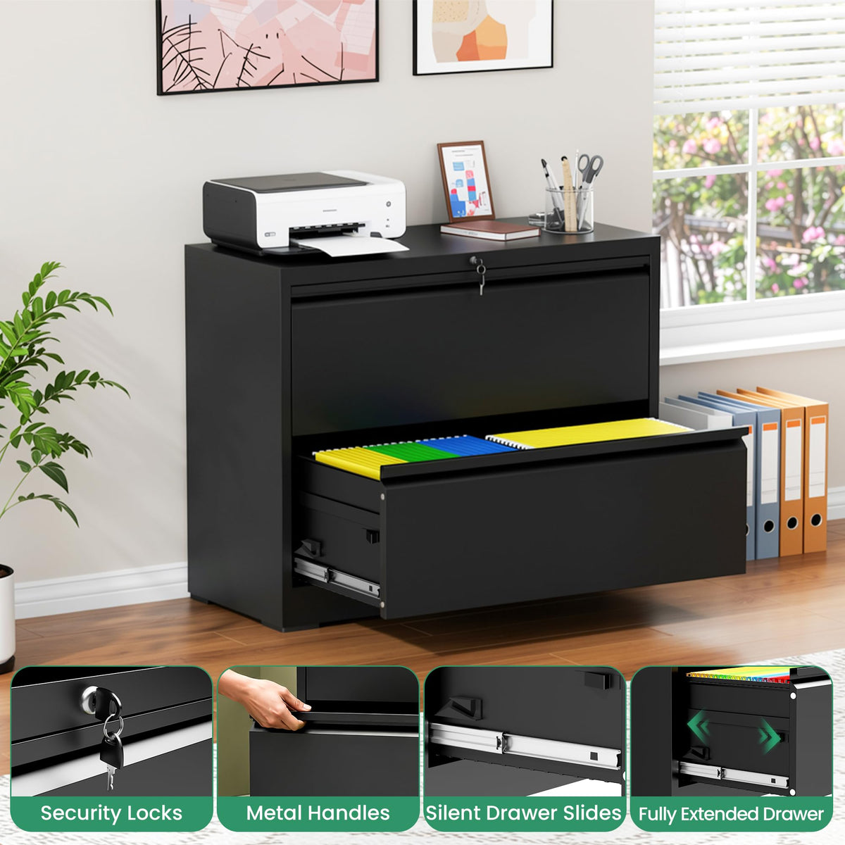 Black 2 Drawer Metal Lateral File Cabinet with Lock O79783