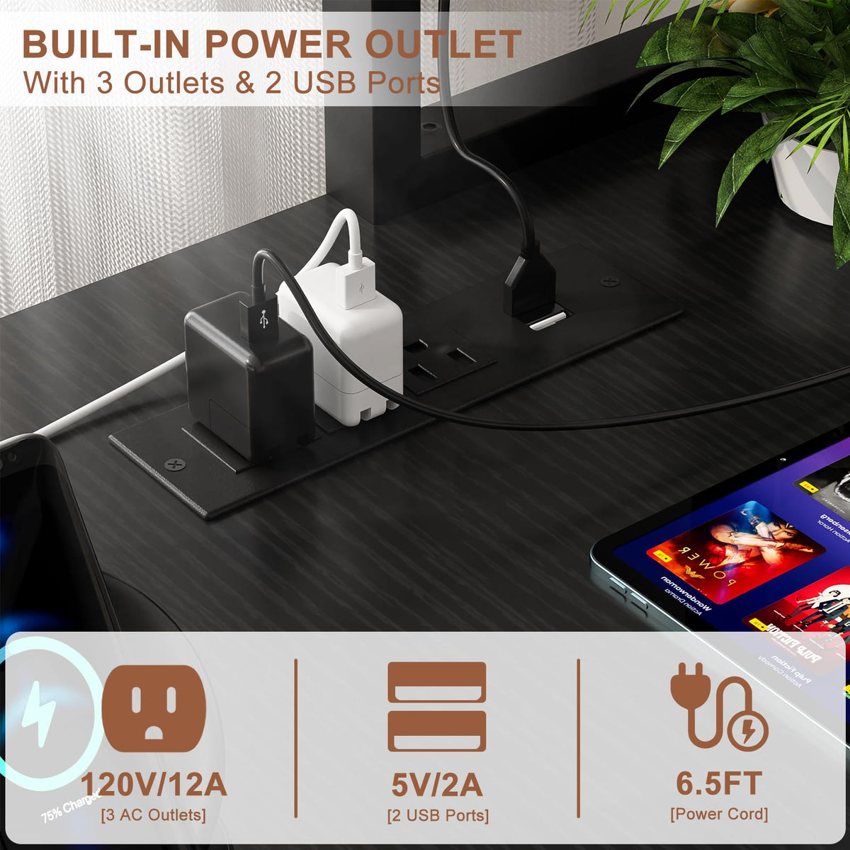 L Shaped Gaming Desk with Power Outlets & LED Lights, Black A220