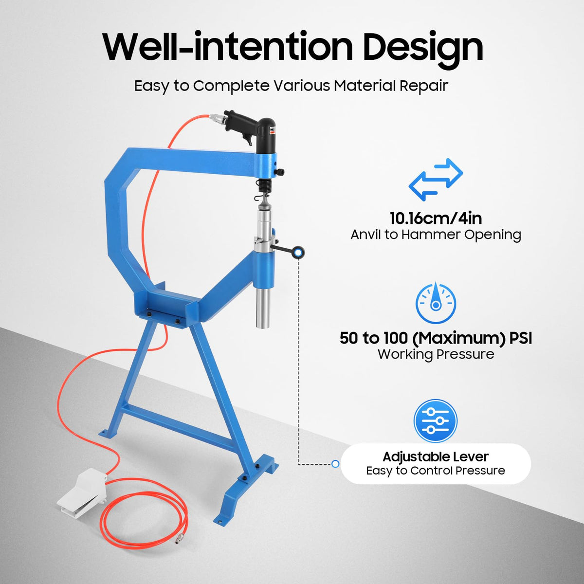 4" Pneumatic Planishing Hammer, 875-1350 RPM Metal Shrinker Stretcher with Cast-Iron Stand, Foot Pedal R321