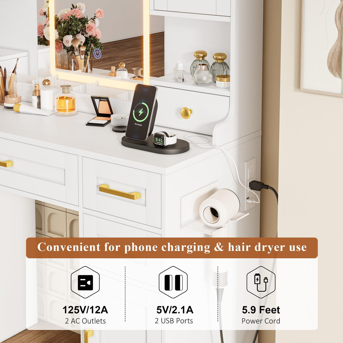 White Vanity Desk with Mirror, LED Lights and Power Outlet F112