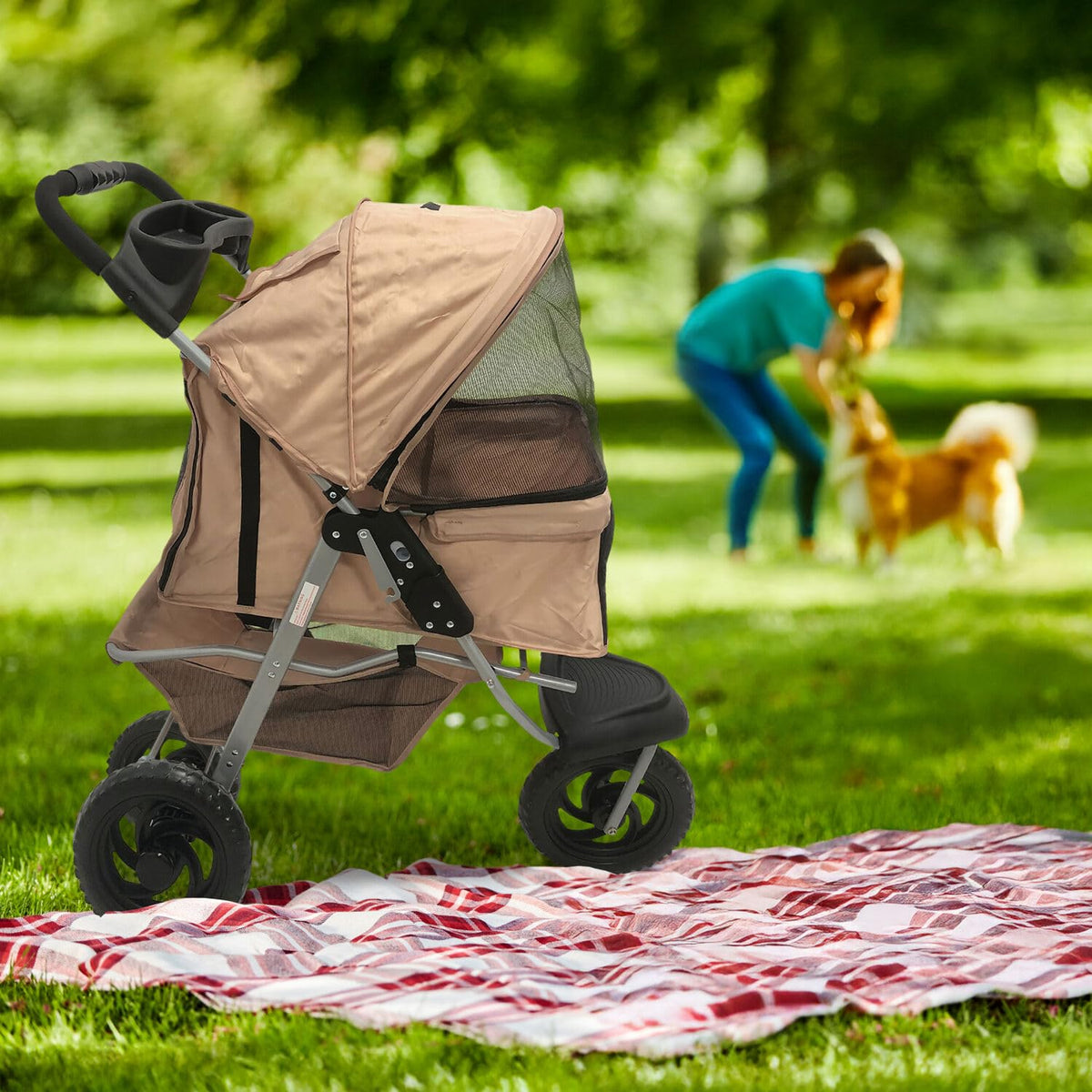 3-Wheel Dog Stroller with Storage Basket and Cup Holders, Tan P664695