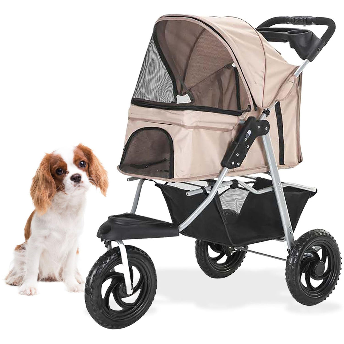 3-Wheel Dog Stroller with Storage Basket and Cup Holders, Tan P664695