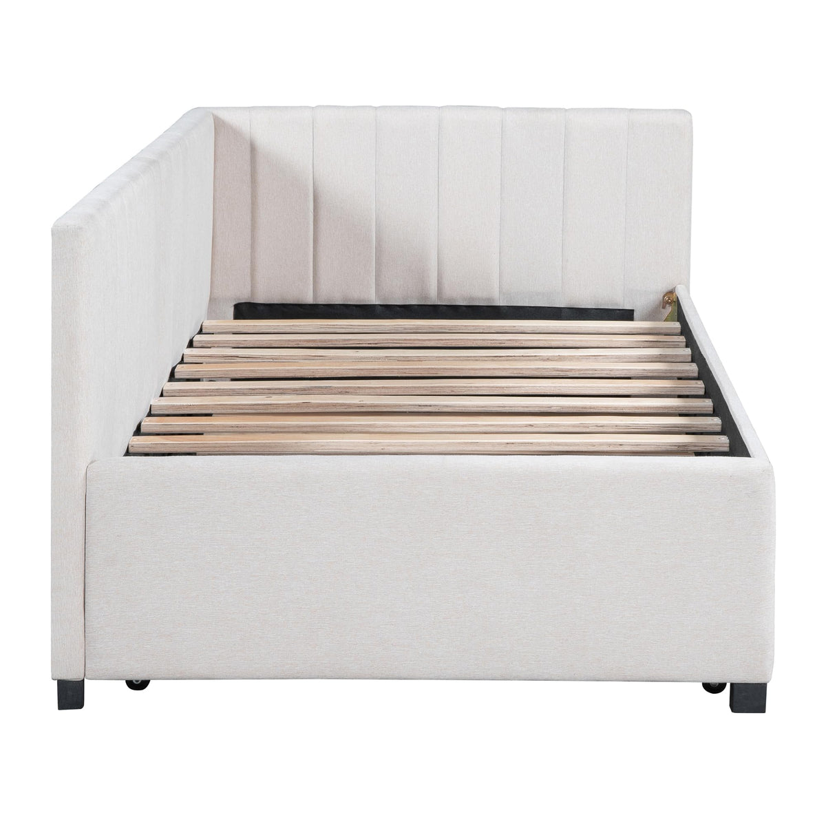 Upholstered Twin Daybed with Trundle, Linen Fabric, Beige P822608