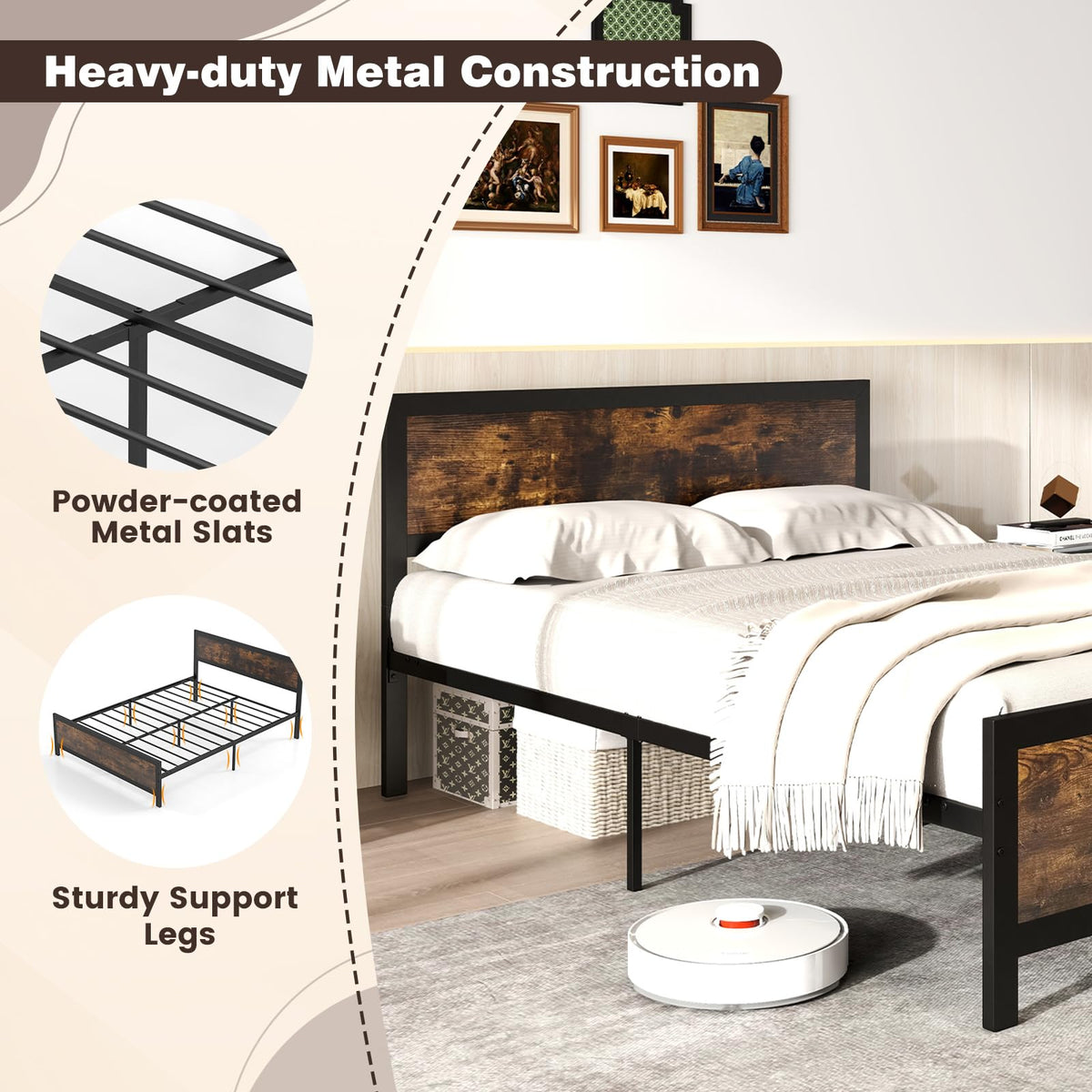 Metal Full Size Platform Bed Frame with Wood Headboard and Footboard K80863