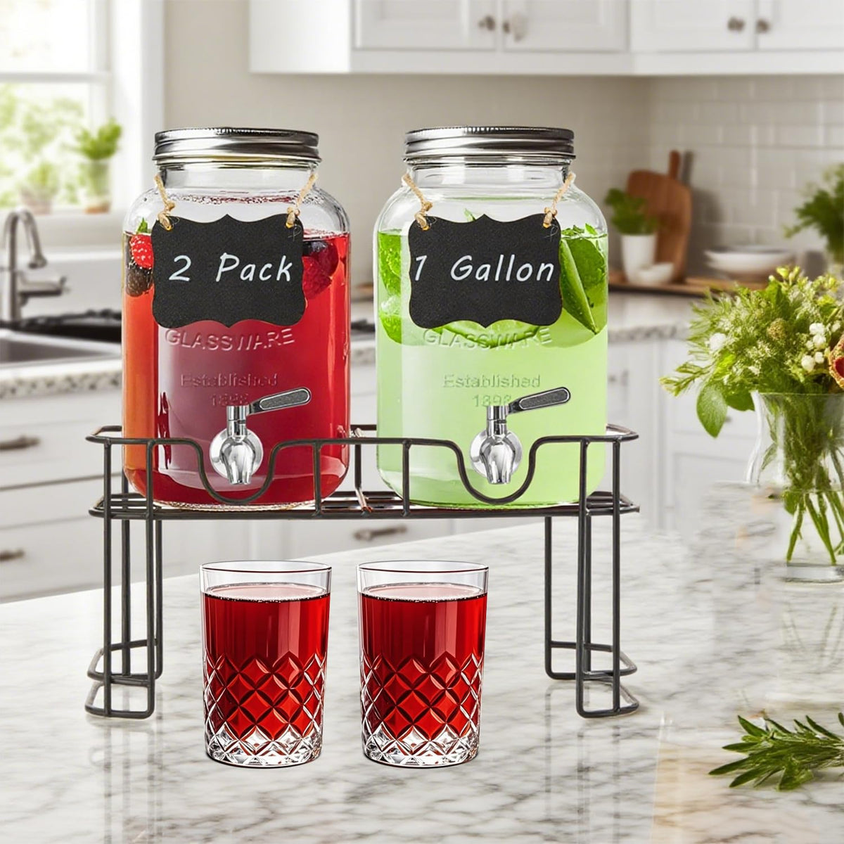 1 Gallon Glass Drink Dispenser with Stand and Spigot, 2 Pack G34280