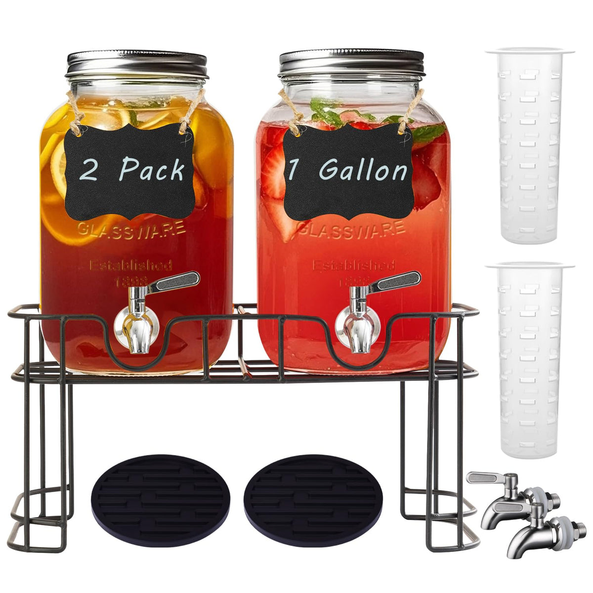 1 Gallon Glass Drink Dispenser with Stand and Spigot, 2 Pack G34280