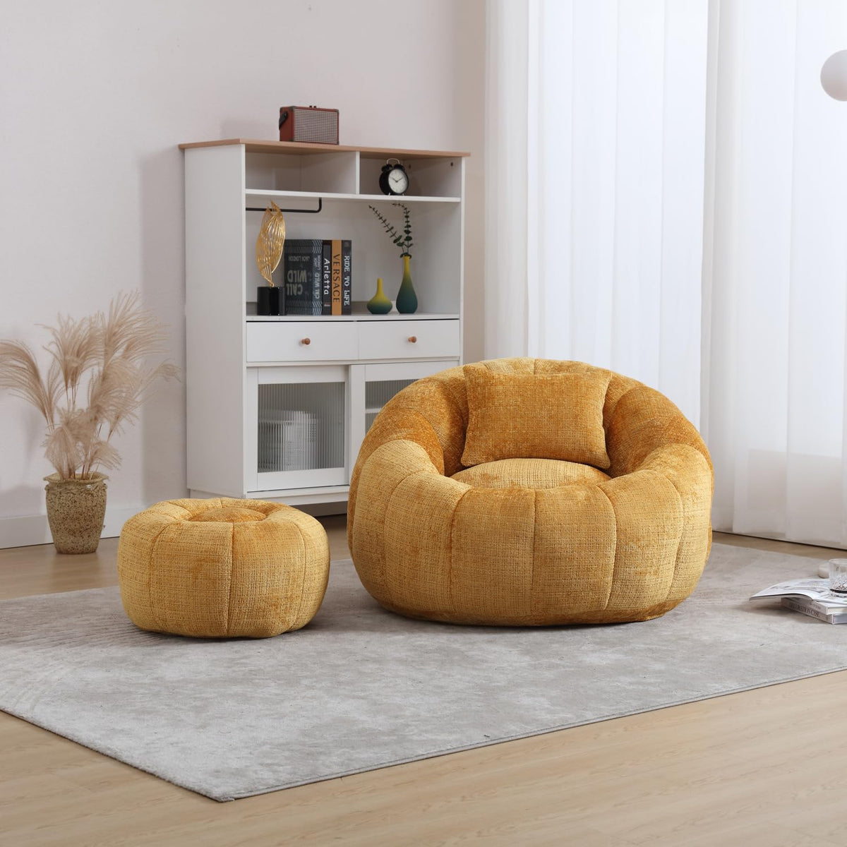Yellow Chenille Memory Foam Bean Bag Chair with Ottoman Q9561