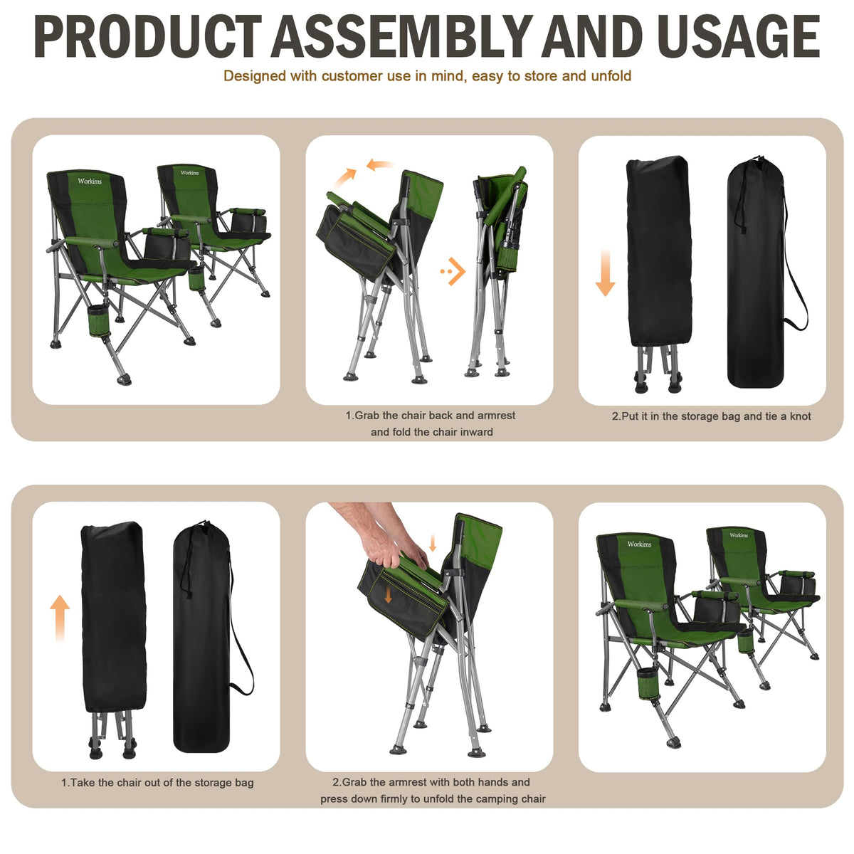 2 Pack Green Folding Camping Chair with Cup Holder and Storage Bag B964027