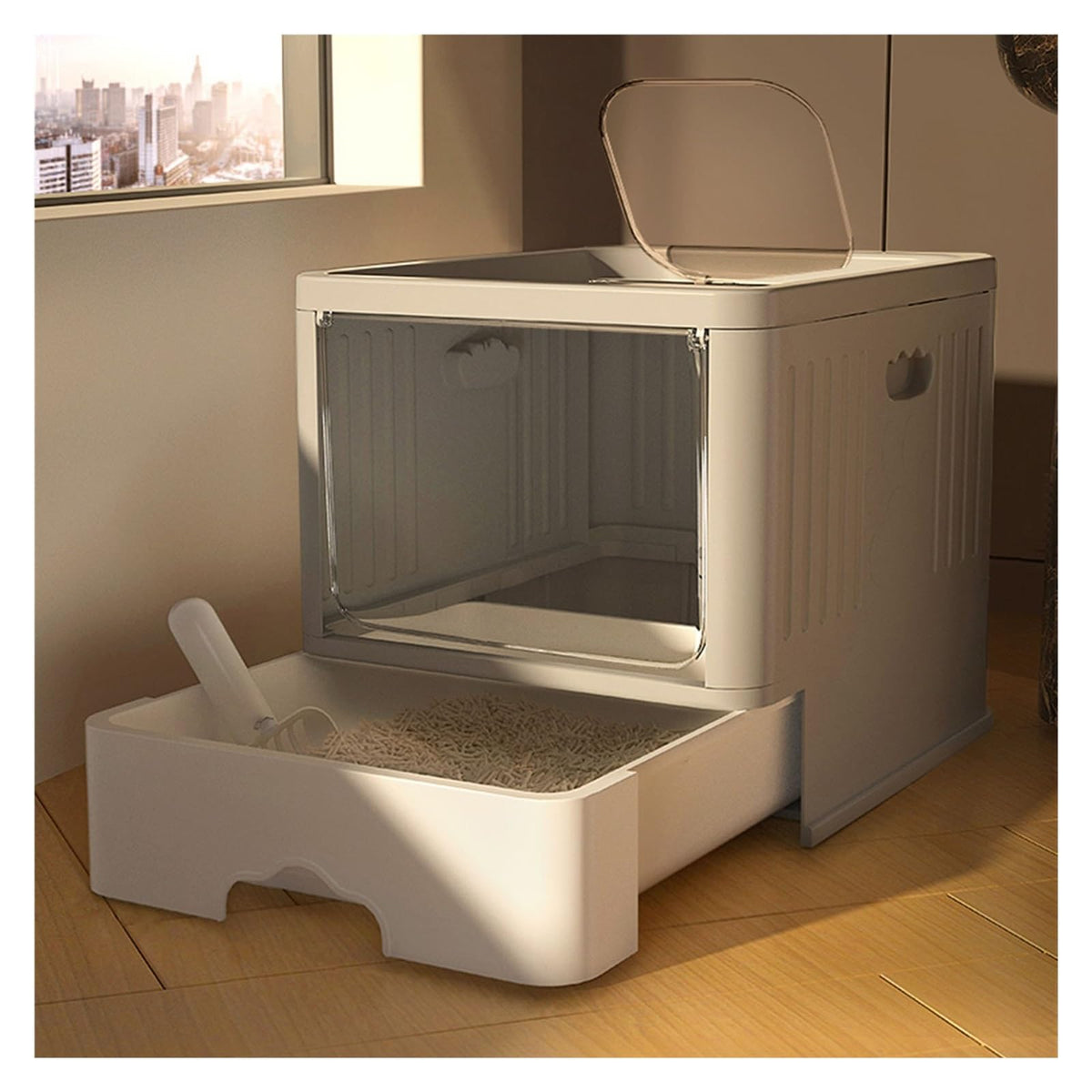 Cat Litter Box with Scoop, Large Top Entry Anti-Splashing with Lid C380