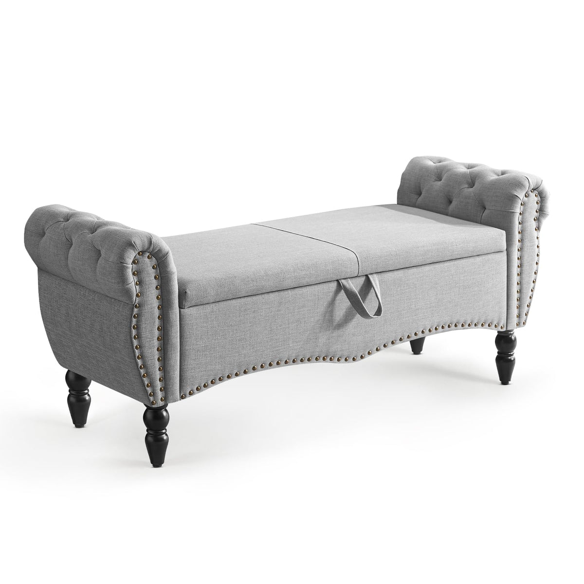 Grey Linen Upholstered Storage Bench with Wood Legs S102