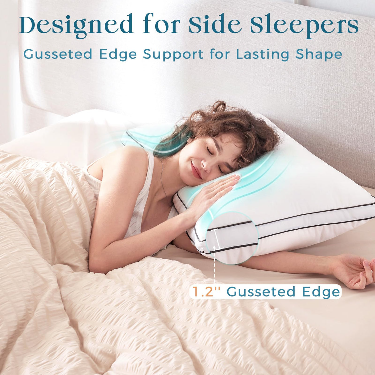 Queen Size Set of 2 White Gusseted Bed Pillows M136