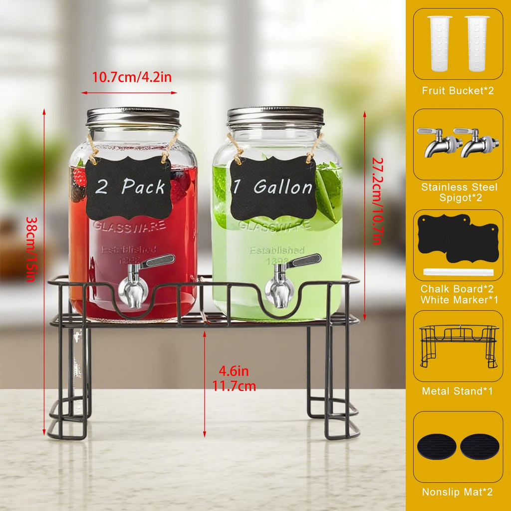 1 Gallon Glass Drink Dispenser with Stand and Spigot, 2 Pack G34280