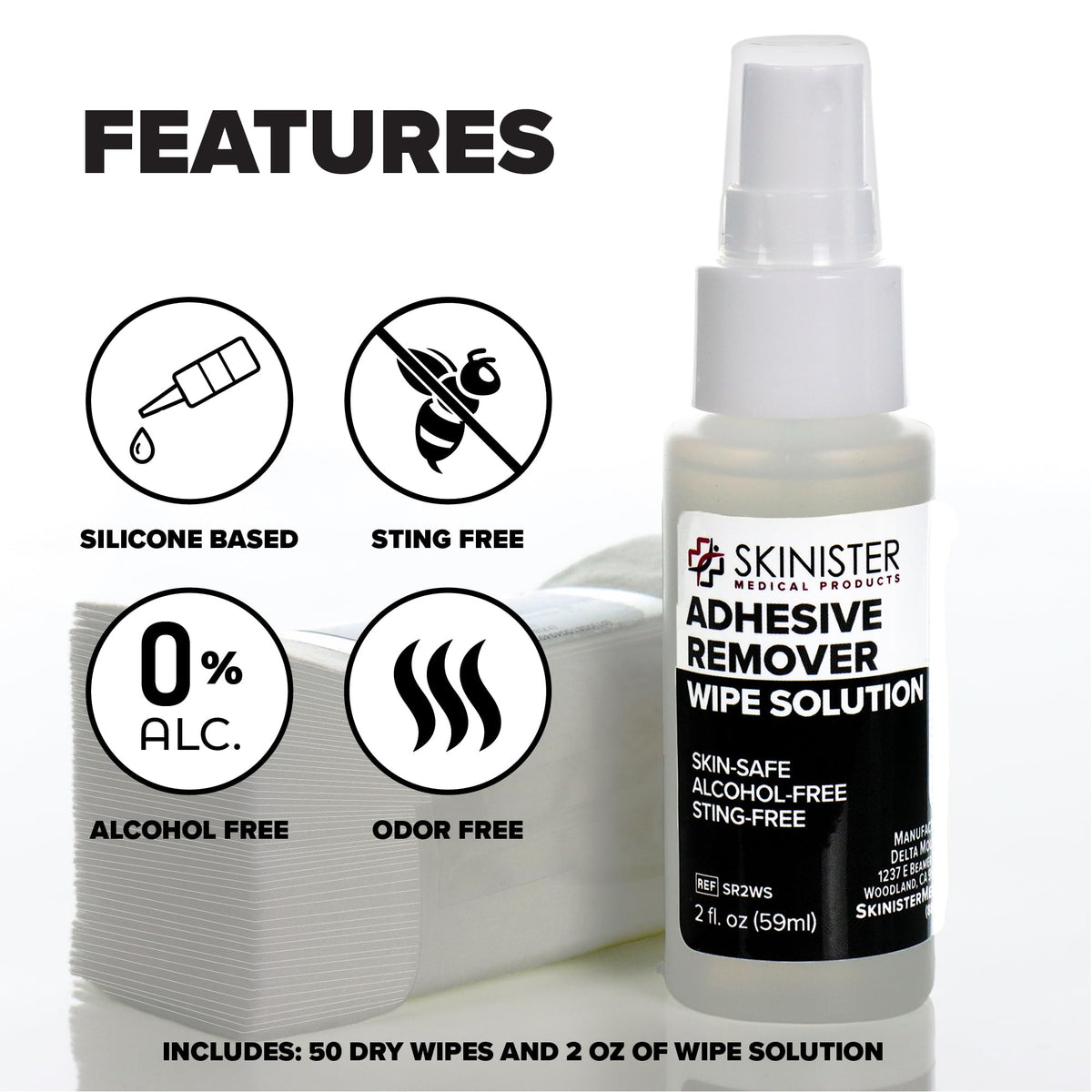 Adhesive Remover Wipes 50 Dry Wipes + 2oz Spray Solution B806