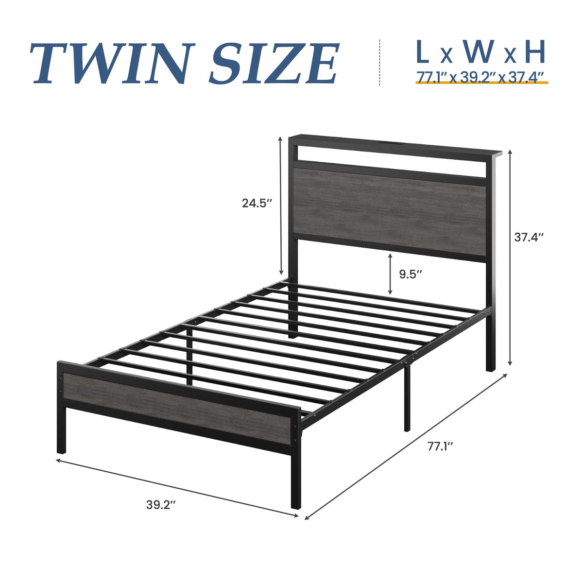 Twin Bed Frame with Headboard & Footboard, Charging Station & LED Light, Rustic Grey A49901