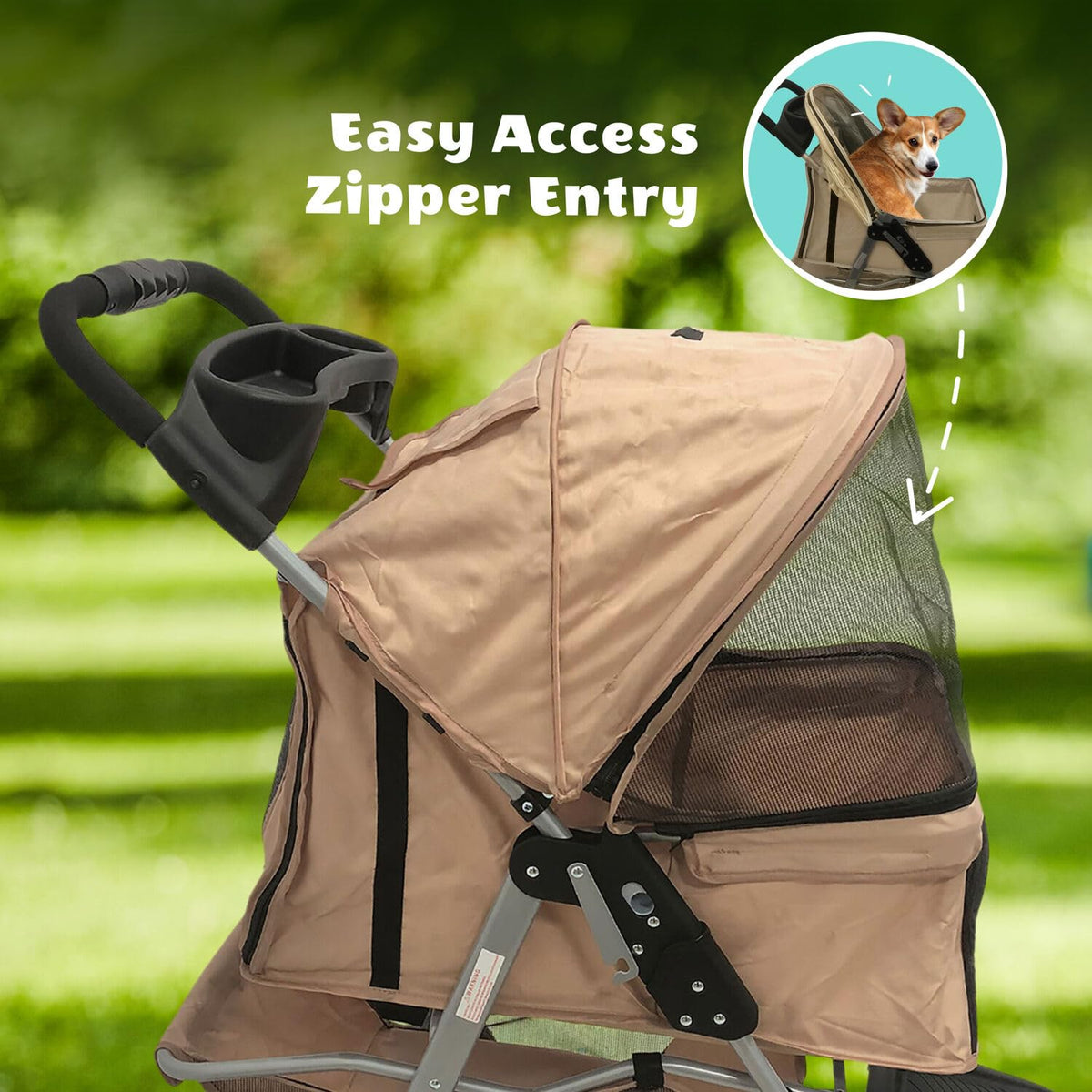 3-Wheel Dog Stroller with Storage Basket and Cup Holders, Tan P664695