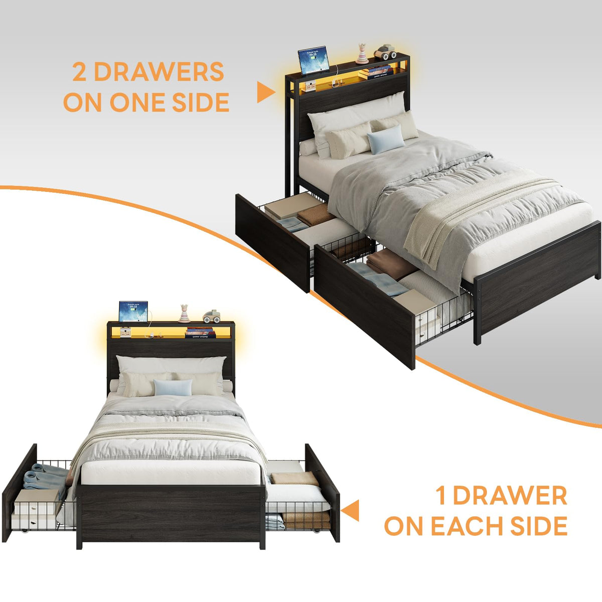 Twin Bed Frame with Storage Drawers and LED Light E70023