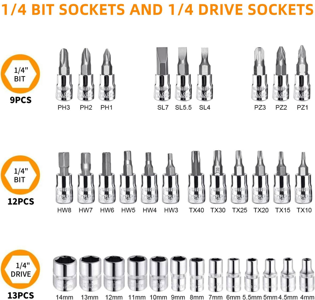 46 Pieces Mechanic Tool Kit 1/4” Ratchet Socket Wrench Set with Storage Case B21371