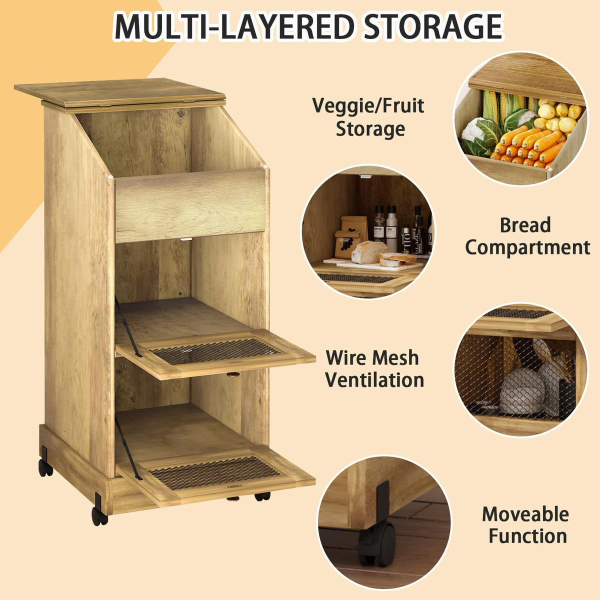 Brown Wooden Potato Storage Bin with Wheel I6791