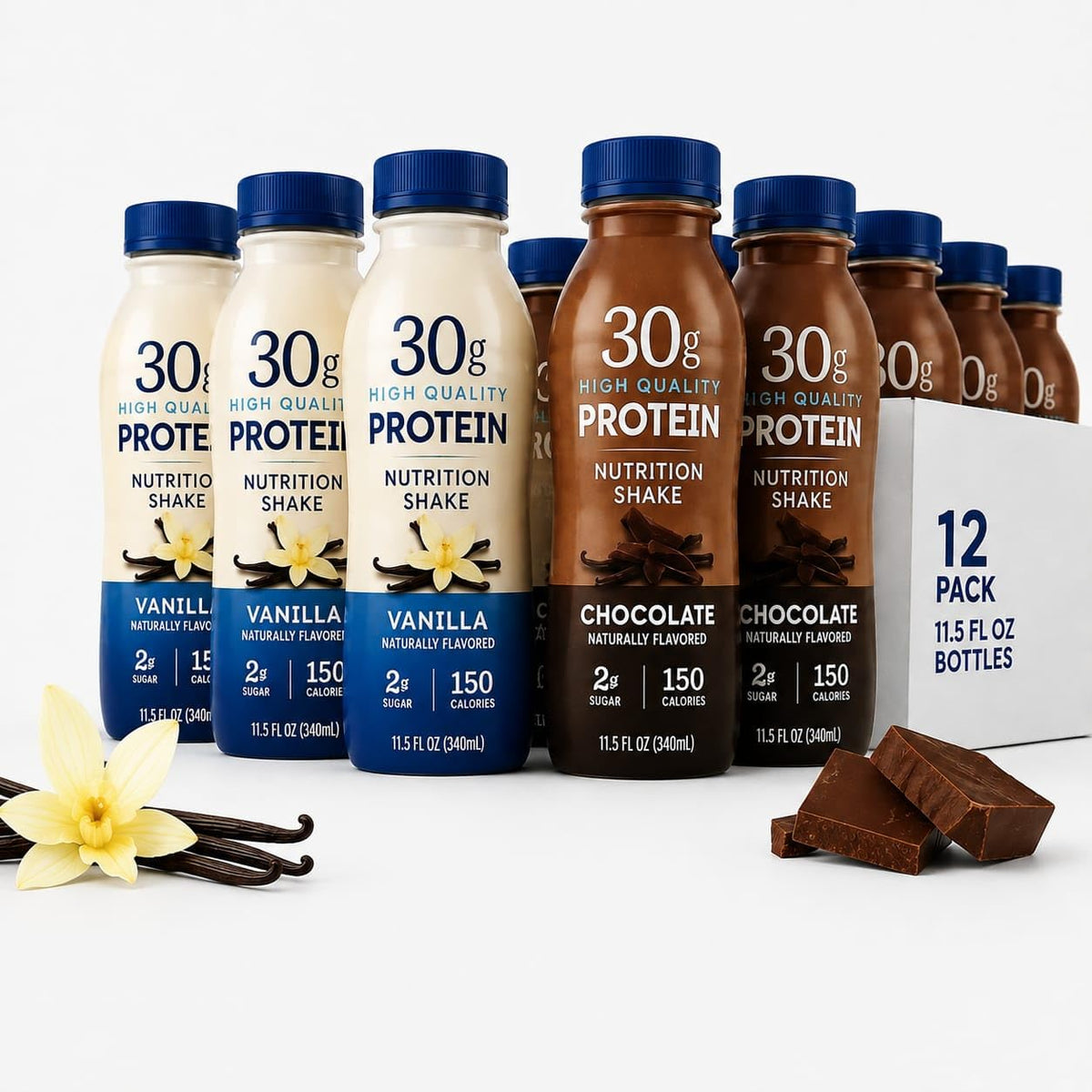High Protein Nutrition Shake, Vanilla & Chocolate Flavor 30g, 12 Pack, 11.5 fl oz Bottles Q926766