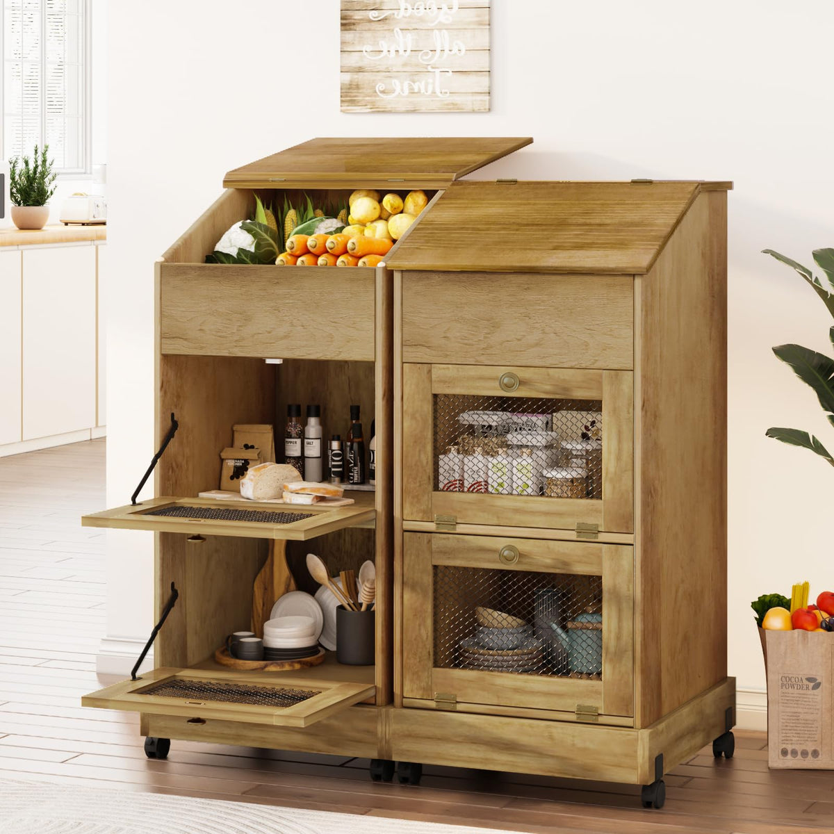 Brown Wooden Potato Storage Bin with Wheel I6791