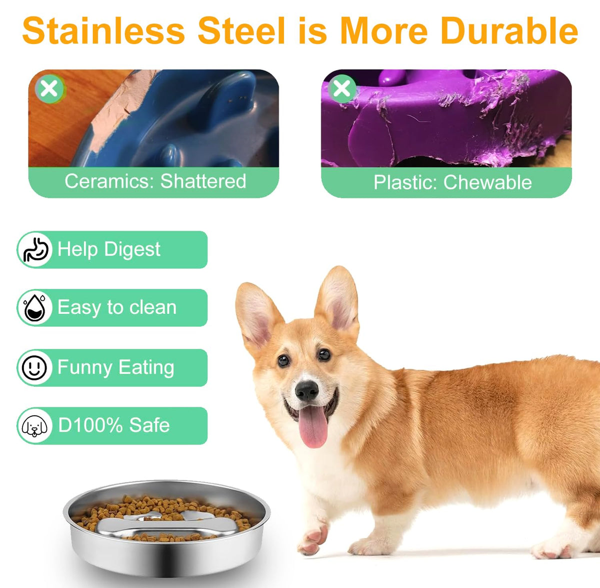 Stainless Steel Slow Feeder Dog Bowls, 2 Pcs Q852455