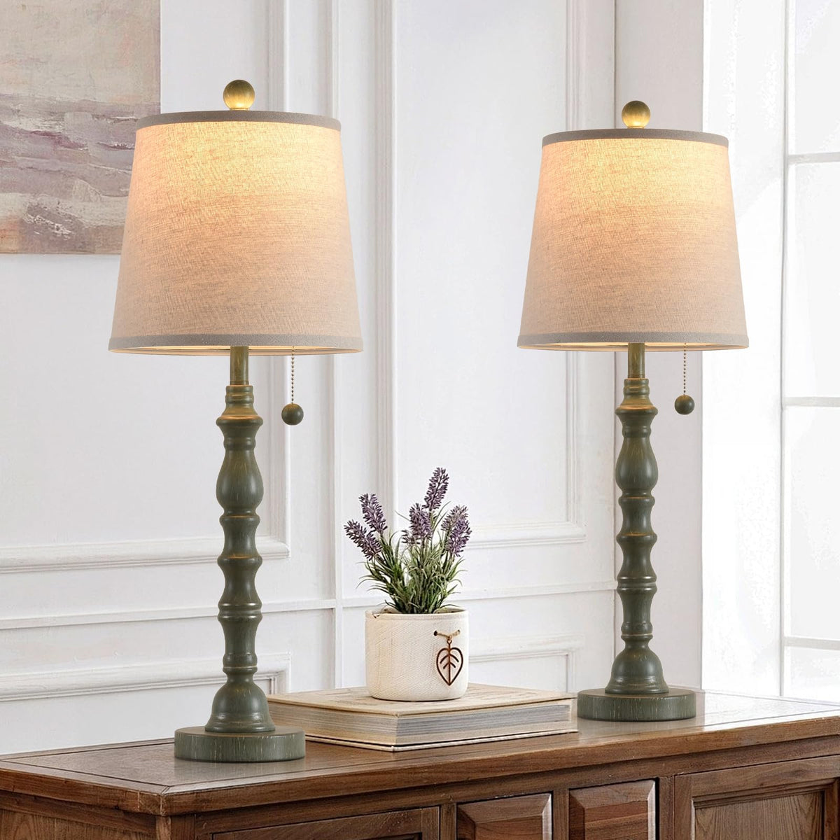 Set of 2 Turquoise Table Lamp with Fabric Lamp Shade D173