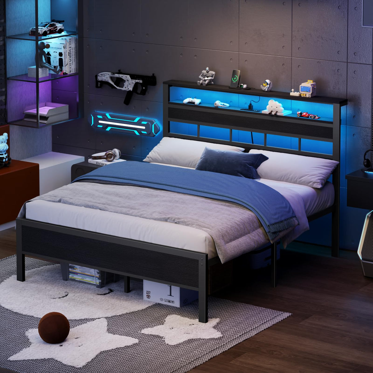 Queen Bed Frame with Storage Headboard and LED Lights J62718