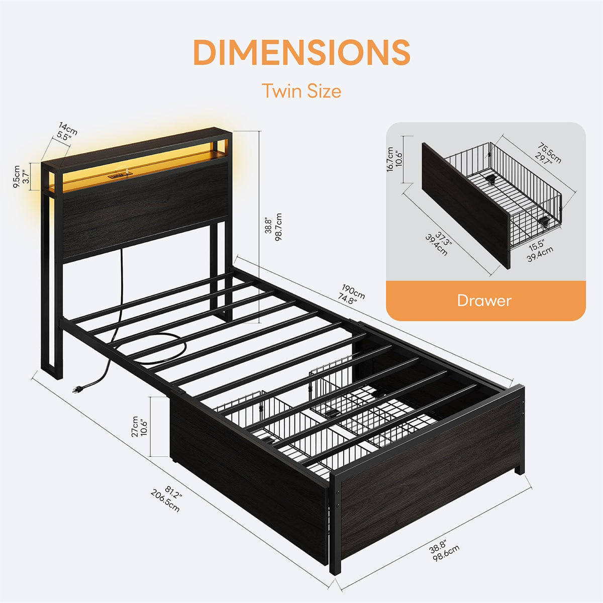 Twin Bed Frame with Storage Drawers and LED Light E70023