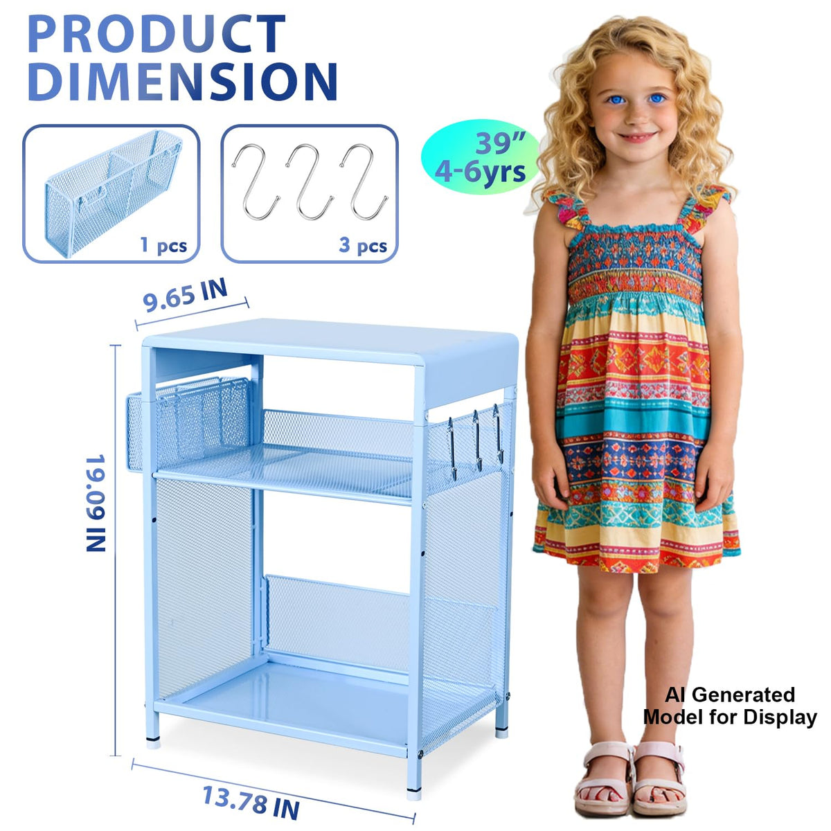 Sky Blue Kids Nightstand with Hooks and Holder U5911