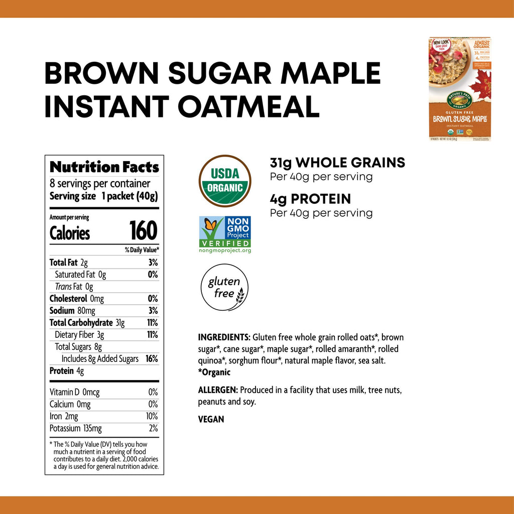 Organic Gluten Free Brown Sugar Maple Instant Oatmeal 32 Packet E7993