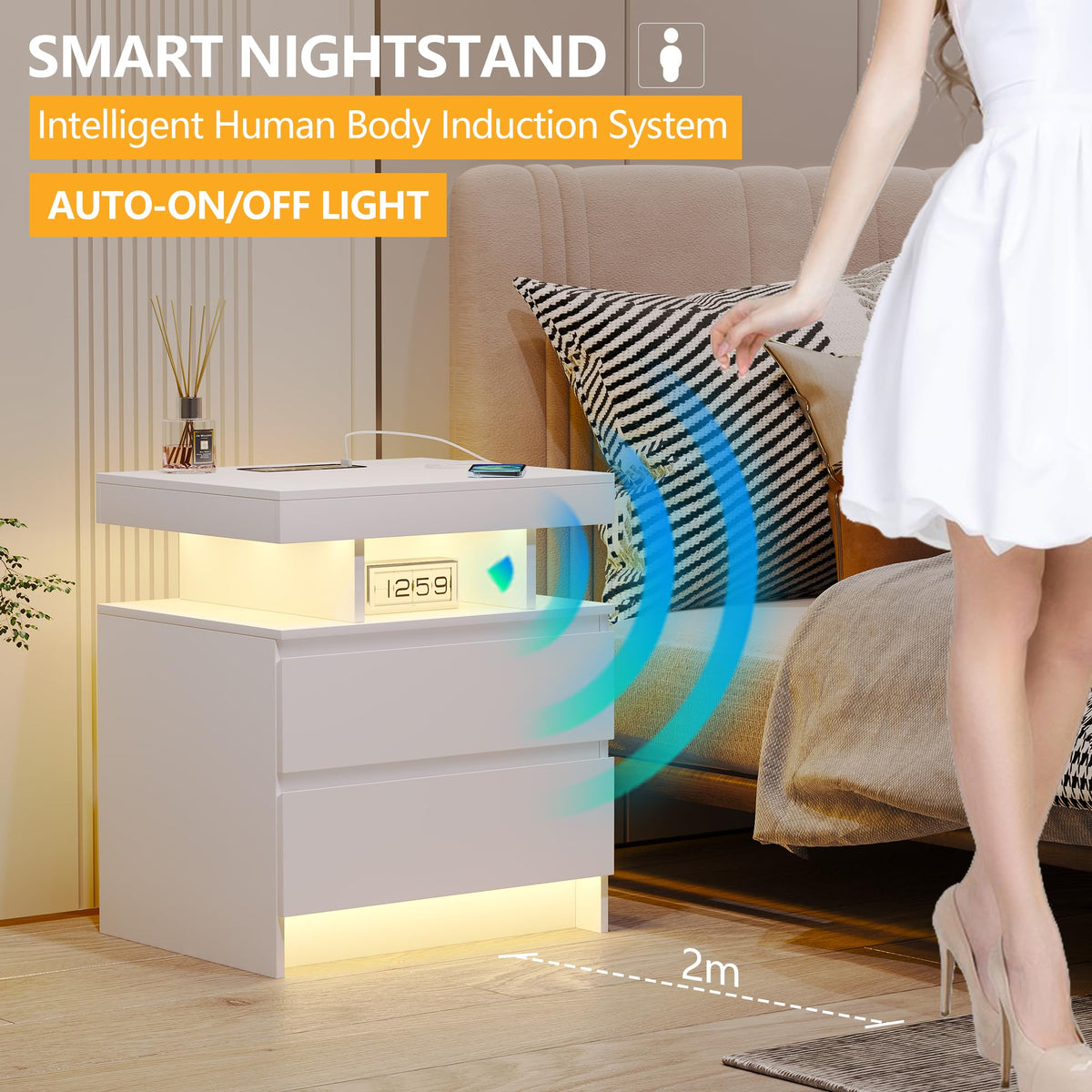 LED Nightstand with Charging Station White X2454